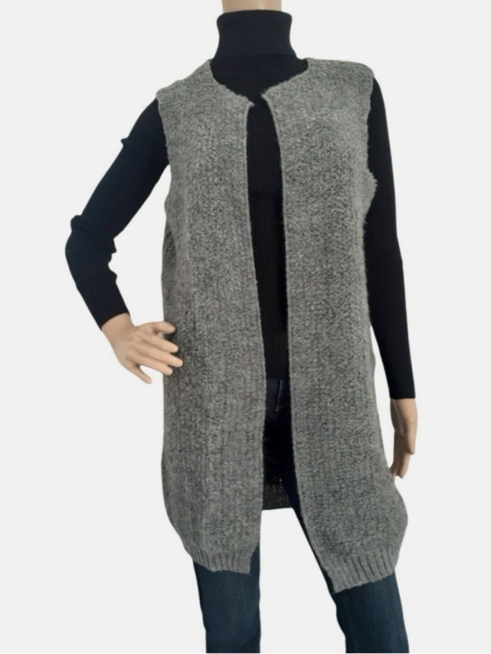 Cocogio Women’s Grey Open-Front Knit Long Vest Cardigan Sz M